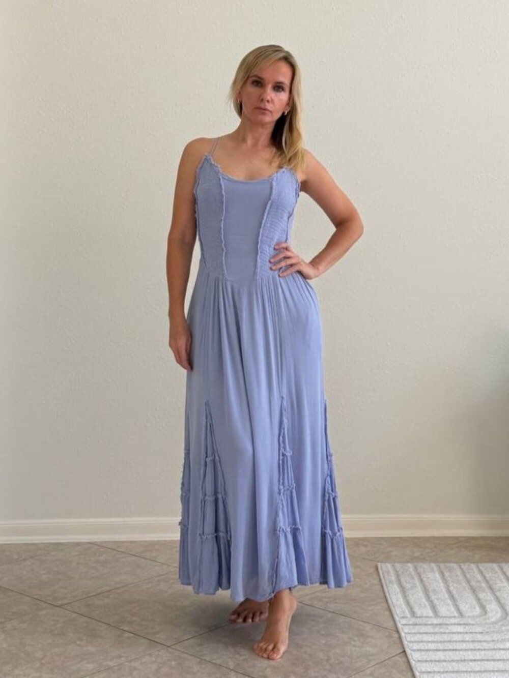 Free People Periwinkle Blue Smocked Open Back Maxi Dress Size M